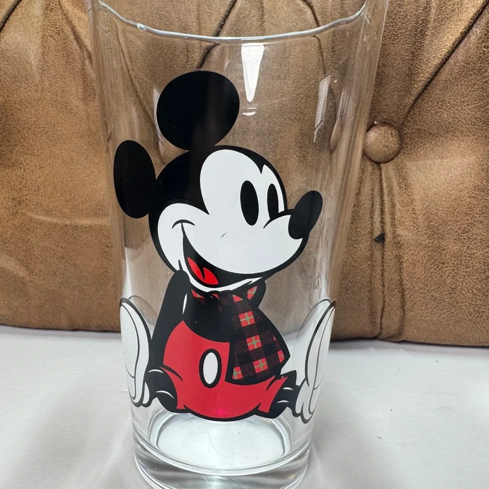 Disney‎ Drinking Glasses Mickey & Minnie Mouse Set of 4 Winter Holiday Plaid
